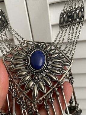 Bohemian Silver-Tone Necklace with Blue Cabochon and Drop Pendant